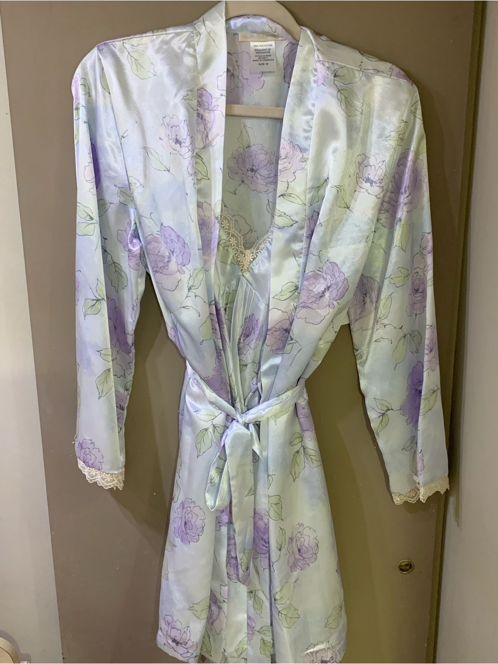 California Dynasty Satin Lavender Floral Tie-Waist Robe with Lace Trim